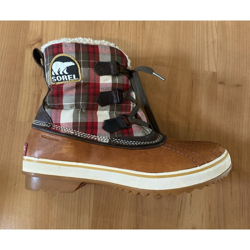 Sorel Tivoli Plaid Waterproof Winter Boots Womens 9.5 Brown Leather NL1653-704